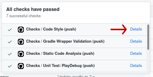 An image showing completed checks on a branch, with an arrow pointing to the Details link.