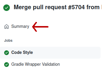 An image with an arrow pointing to the Summary link for checks on a branch.